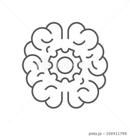 Human brain with cogwheel inside linear icon. Artificial intelligence concept. Technology progress. Thin line illustration. Contour symbol. Vector isolated outline drawing. Editable stroke. EPS 10 Human brain with cogwheel inside linear icon. Artificial intelligence concept. Technology progress. Thin line illustration. Contour symbol. Vector isolated outline drawing. Editable stroke. EPS 10 108411799