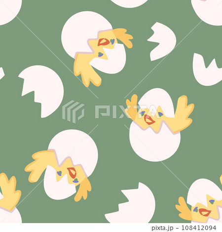 Chicken hatched from egg. Vector seamless pattern on green background. 108412094