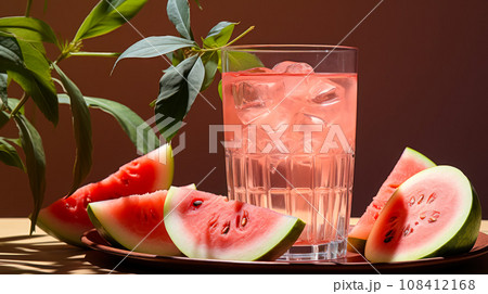 Close-up of watermelon lemonade with ice next to fresh sliced watermelon, on a table in a cafe, summer drinks concept 108412168
