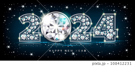 New year 2024 luxury big diamond gemstone numbers. Black background with blue glow, 3d realistic vector illustration. 108412231