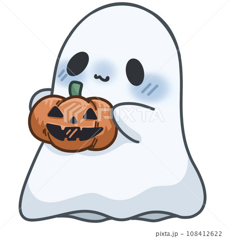 Cute ghost with witch hat and Halloween pumpkin 108412622