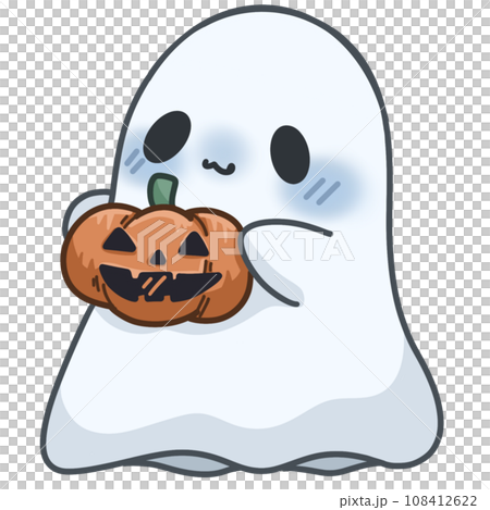 Cute ghost with witch hat and Halloween pumpkin 108412622