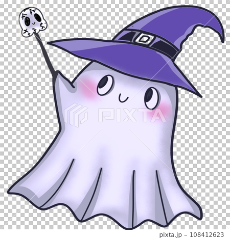 Cute ghost with witch hat and Halloween pumpkin 108412623