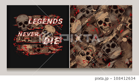 Brown grunge camouflage label, pattern with human skulls, abstract brushstrokes, blots, halftone shapes. Text Legends never die. Good for apparel, clothing, fabric, textile, sport goods design. Not AI 108412634