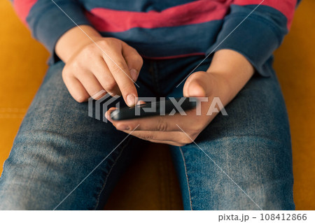 boy is sitting on the couch and using a smartphone 108412866