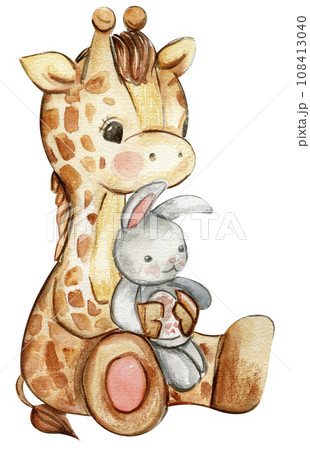 Watercolor hand drawn cute small baby giraffe. African baby animal for baby shower party, birthday, cake, holiday celebration design, kids room decorations, invitations, poster, greeting card,fabric. Watercolor hand drawn cute small baby giraffe. African baby animal for baby shower party, birthday, cake, holiday celebration design, kids room decorations, invitations, poster, greeting card,fabric. 108413040