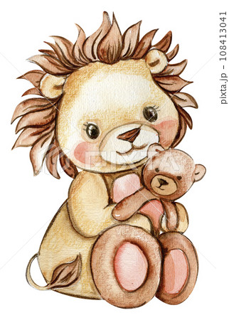 Watercolor hand drawn cute small baby lion. African baby animal for baby shower party, birthday, cake, holiday celebration design, kids room decorations, invitations, poster, greeting card, fabric. 108413041
