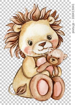 Watercolor hand drawn cute small baby lion. African baby animal for baby shower party, birthday, cake, holiday celebration design, kids room decorations, invitations, poster, greeting card, fabric. 108413041