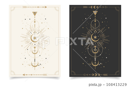 Set of esoteric mystical posters with spiritual symbols, moon, sun, stars. Templates on light and dark backgrounds, boho style. Vector Set of esoteric mystical posters with spiritual symbols, moon, sun, stars. Templates on light and dark backgrounds, boho style. Vector 108413229