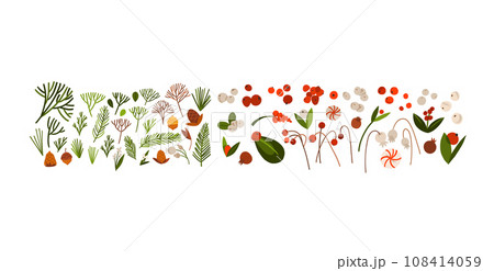 Hand drawn vector abstract cartoon Merry Christmas and Happy new year clipart illustrations elements set with flower,leaves and pine branch.Merry Christmas cute design.Winter holiday decoration. 108414059