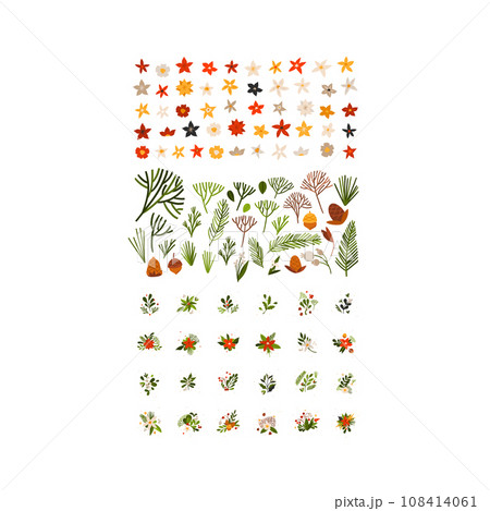 Hand drawn vector abstract cartoon Merry Christmas and Happy new year clipart illustrations elements set with flower,leaves and pine branch.Merry Christmas cute design.Winter holiday decoration. 108414061