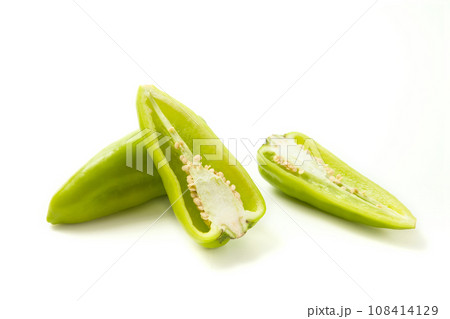 Whole and half of green bell pepper with soft shadow isolated on white background. . 108414129