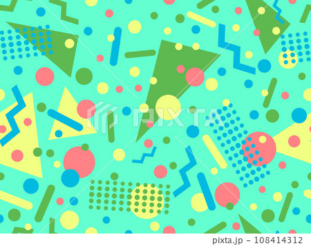 Memphis seamless pattern with geometric shapes in 80s and 90s style. Geometric shapes of different shapes and colors. Design of promotional products, wrapping paper and printing. Vector illustration 108414312