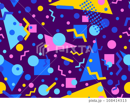 80s seamless pattern with geometric shapes in memphis style. Circles and triangles. Colorful abstract background for printing on promotional items, banners and wrapping paper. Vector illustration 108414313