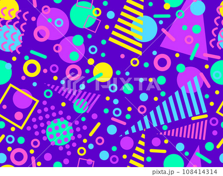 Memphis seamless pattern with geometric shapes in 80s and 90s style. Geometric shapes of different shapes and colors. Design of promotional products, wrapping paper and printing. Vector illustration 108414314