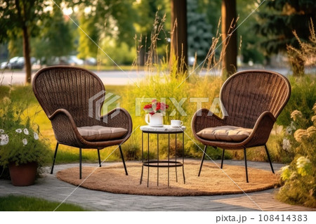Wicker furniture chairs and a table. Generative AI 108414383
