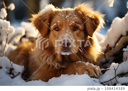 Big dog lying in snow. Generative AI 108414389