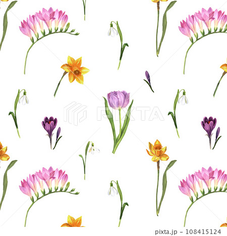 Seamless pattern of spring flowers hand drawn in watercolor. Floral elements on a white background for creating postcards, patterns and packaging. 108415124