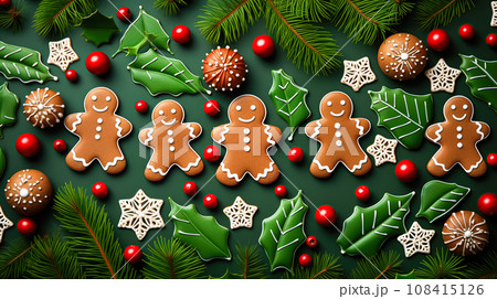 Christmas gingerbread cookies, men, holly leaves, snowflakes laid out in a festive flat composition on green background 108415126