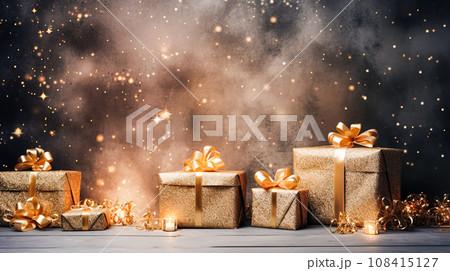 Christmas gifts on a festive background. Winter holidays card: Merry Christmas or Happy New Year. Horizontal frame 108415127