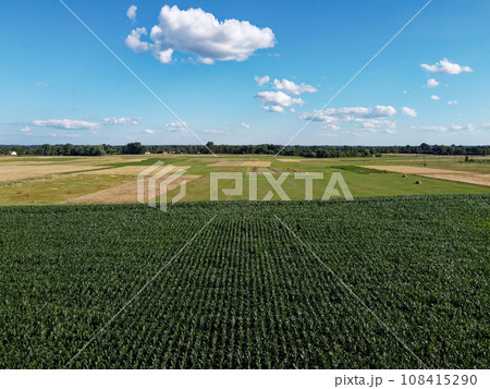 Beautiful agricultural landscape, open field with blue sky and white clouds. Farmfields from a bird's eye view. Beautiful agricultural landscape, open field with blue sky and white clouds. Farmfields from a bird's eye view. 108415290