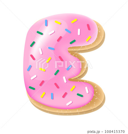 Vector pink letter E from donut alphabet. Sweet tasty cookie font. Food illustration 108415370