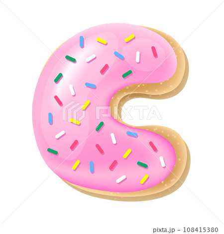Vector pink letter C from donut alphabet. Sweet tasty cookie font. Food illustration Vector pink letter C from donut alphabet. Sweet tasty cookie font. Food illustration 108415380