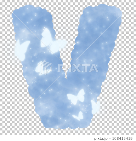 cloud blue V alphabet with butterflies and sparkles 108415419