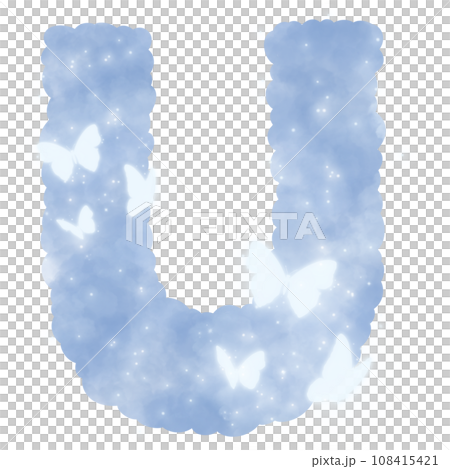 cloud blue U alphabet with butterflies and sparkles cloud blue U alphabet with butterflies and sparkles 108415421