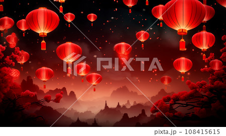Celebrates the enchanting tradition of the Chinese Lantern Festival. Depict a serene night scene with glowing lanterns floating in the air, traditional Chinese elements like red Celebrates the enchanting tradition of the Chinese Lantern Festival. Depict a serene night scene with glowing lanterns floating in the air, traditional Chinese elements like red 108415615