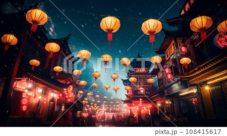 Traditional red Chinese lanterns in the air at night during Chinese Lunar New Year Festival near the river.  108415617