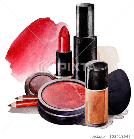 Decorative cosmetics for makeup painted in watercolor on a white background. Eye shadow, mascara, red lipstick, eyeliner, blush balls, foundation, pencil, oval sponge. Isolated pictures. For postcards Decorative cosmetics for makeup painted in watercolor on a white background. Eye shadow, mascara, red lipstick, eyeliner, blush balls, foundation, pencil, oval sponge. Isolated pictures. For postcards 108415645