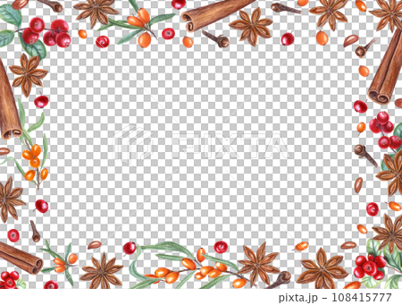 Rectangular horizontal frame of cowberries, cinnamon. Star anise, sea buckthorn and cloves. Lingonberry, sandthorn. Spices. Watercolor illustration for postcard, invitation. Space for text Rectangular horizontal frame of cowberries, cinnamon. Star anise, sea buckthorn and cloves. Lingonberry, sandthorn. Spices. Watercolor illustration for postcard, invitation. Space for text 108415777