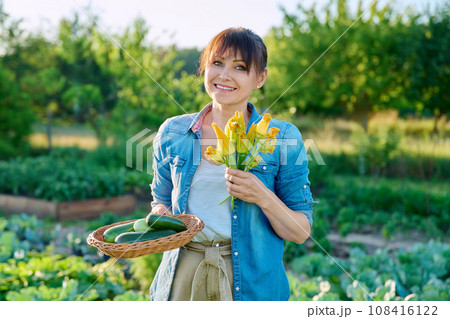 Woman with zucchini harvest, zucchini flowers, on farm Woman with zucchini harvest, zucchini flowers, on farm 108416122