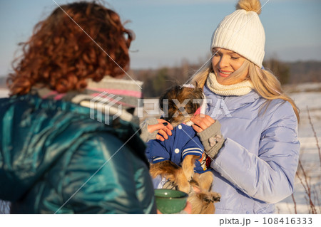A girl strokes her friend's dog, and he sniffs her hand. A girl strokes her friend's dog, and he sniffs her hand. 108416333
