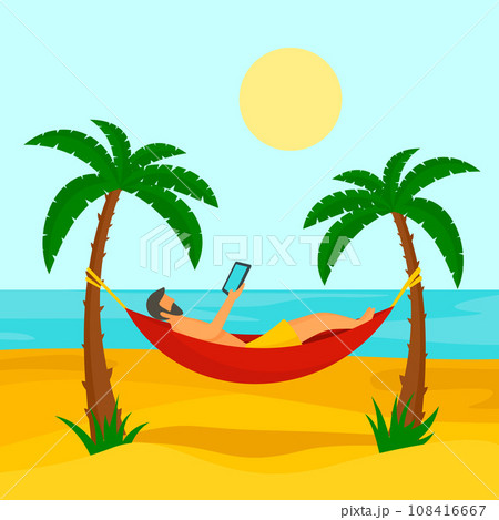 Man at beach hammock concept background. Flat illustration of man at beach hammock vector concept background for web design Man at beach hammock concept background. Flat illustration of man at beach hammock vector concept background for web design 108416667