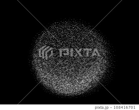 Grain noise gradient pattern vector background. Abstract monochrome 3d sphere consist of tiny rectangles. Gradient round shape with grainy texture. Spray effect. Isolated on black 108416701