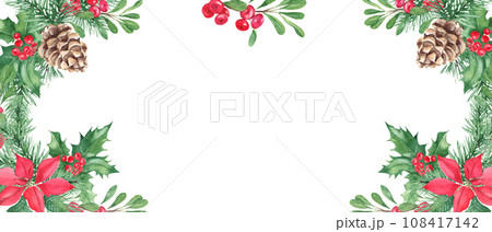 Horizontal watercolor Christmas border, frame. Hand drawn illustration. Pine cone and branches, Holly plant with red berries. Poinsettia with Cowberry, lingonberry. Perfect as a web banner or card and 108417142