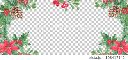 Horizontal watercolor Christmas border, frame. Hand drawn illustration. Pine cone and branches, Holly plant with red berries. Poinsettia with Cowberry, lingonberry. Perfect as a web banner or card and 108417142