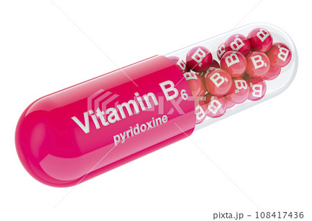 Vitamin capsule B6 pyridoxine, 3D rendering 108417436