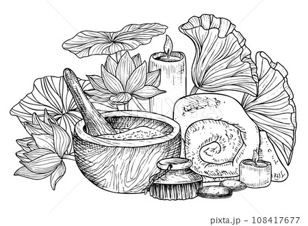 Body care Spa cosmetic with mortar and towel. Hand drawn vector linear illustration with toiletries and lotus flowers in black and white colors. Skincare products for massage salon icon or logo. 108417677