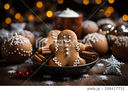 Gingerbread man and a cup of cappuccino with cream on a Christmas background 108417752