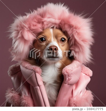 cute funny dog in a pink hat and jacket on a colored background cute funny dog in a pink hat and jacket on a colored background 108417775
