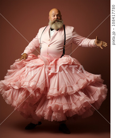 fat man in pink dress Fairy, man and studio for magic and isolated, happy male person with wings and pretend costume. Pink Cosplay, fun and plus size model, dress up or Stock Photo