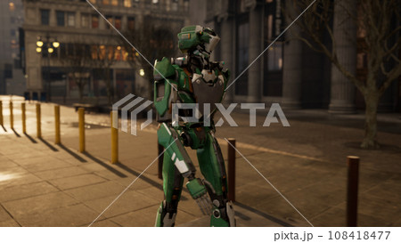 robot walking along a deserted street in a big city. humanoid AI robot crossing street. 3d animation. future automation job. robot walking along a deserted street in a big city. humanoid AI robot crossing street. 3d animation. future automation job. 108418477
