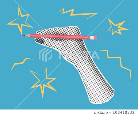 A hand holds a pen and writes. Trendy halftone vector collage. A hand holds a pen and writes. Trendy halftone vector collage. 108418532