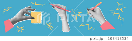 Hands holding a pen, a pencil, a note Halftone vector collage. Hands holding a pen, a pencil, a note Halftone vector collage. 108418534