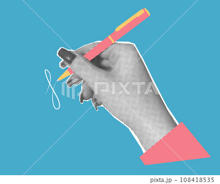 A hand holds a pen and writes. Trendy halftone vector collage. A hand holds a pen and writes. Trendy halftone vector collage. 108418535