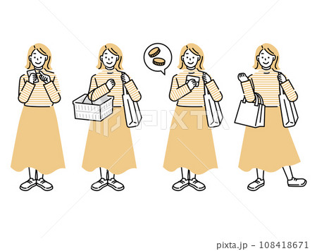 買い物をする人のイラスト(女性、主婦、母親、30歳、お金、決済、キャッシュレス、ポイントを貯める) 108418671