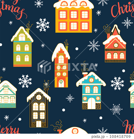 Seamless pattern with Christmas snowy houses in flat style vector Seamless pattern with Christmas snowy houses in flat style vector 108418709